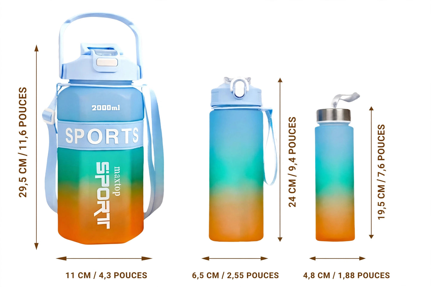 Gourde de Sport à Dégradé Grande Capacité Hexagonale Lot de 3 Pièces, Tasse Portable à Double Boisson